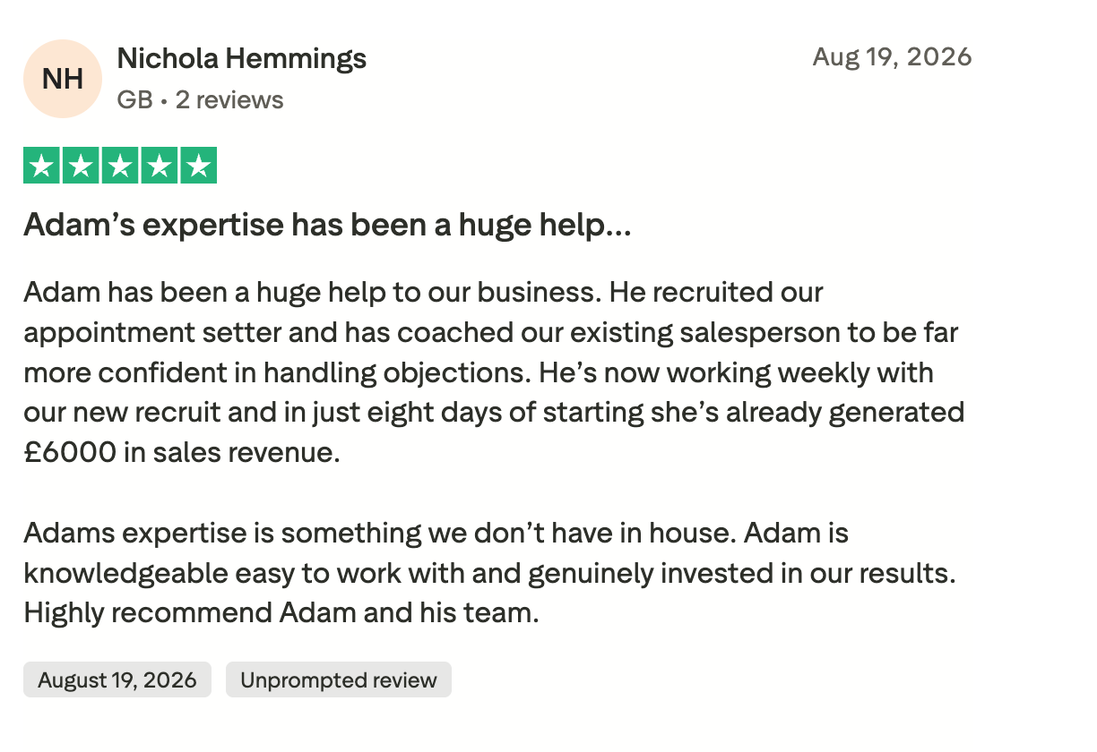 Five-star Trustpilot review for Sales Chief